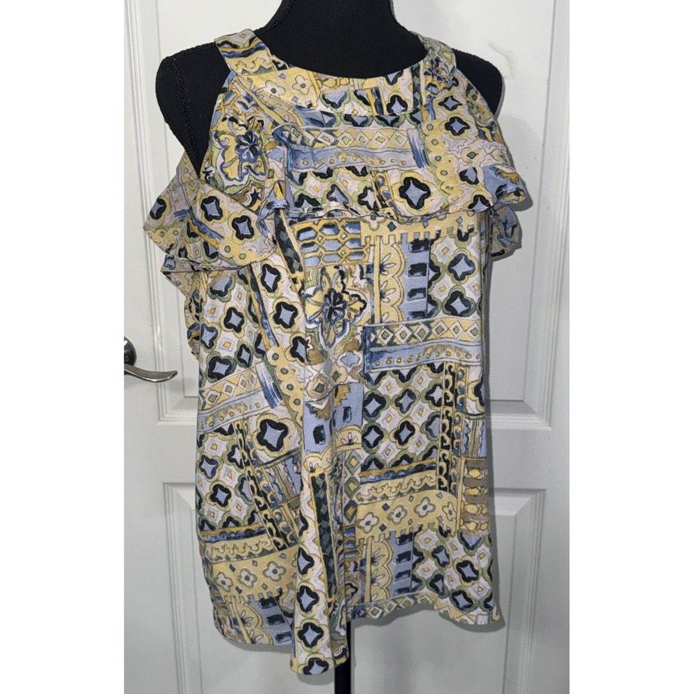 Cato Plus Size 22/24W Cold Shoulder Blouse Patchwork Blue Yellow Geometric 3X